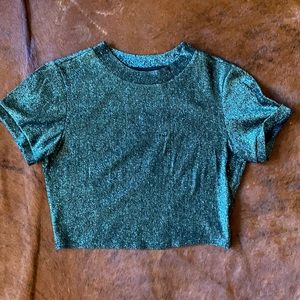 Topshop Teal Glitter Mockneck Crop Top